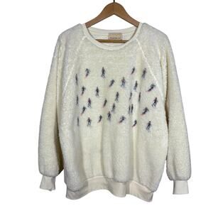 Judith March Ski Season Fuzzy Pullover Sweatshirt Casual Open Neck Cream - XL